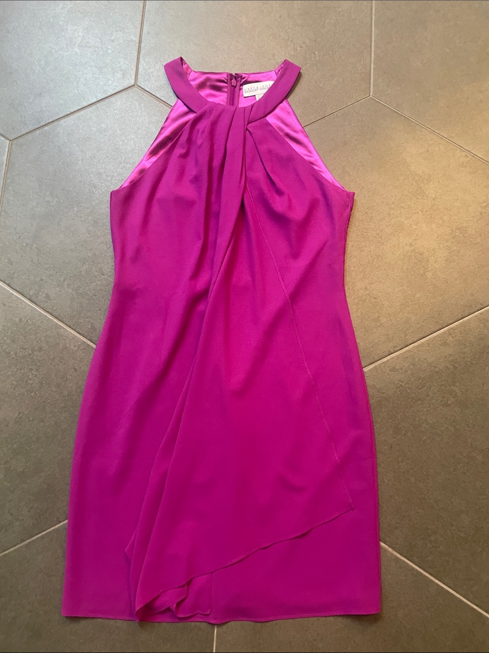 Badgley Mischka Sleeveless Pleated Halter Dress in Deep Magenta 8